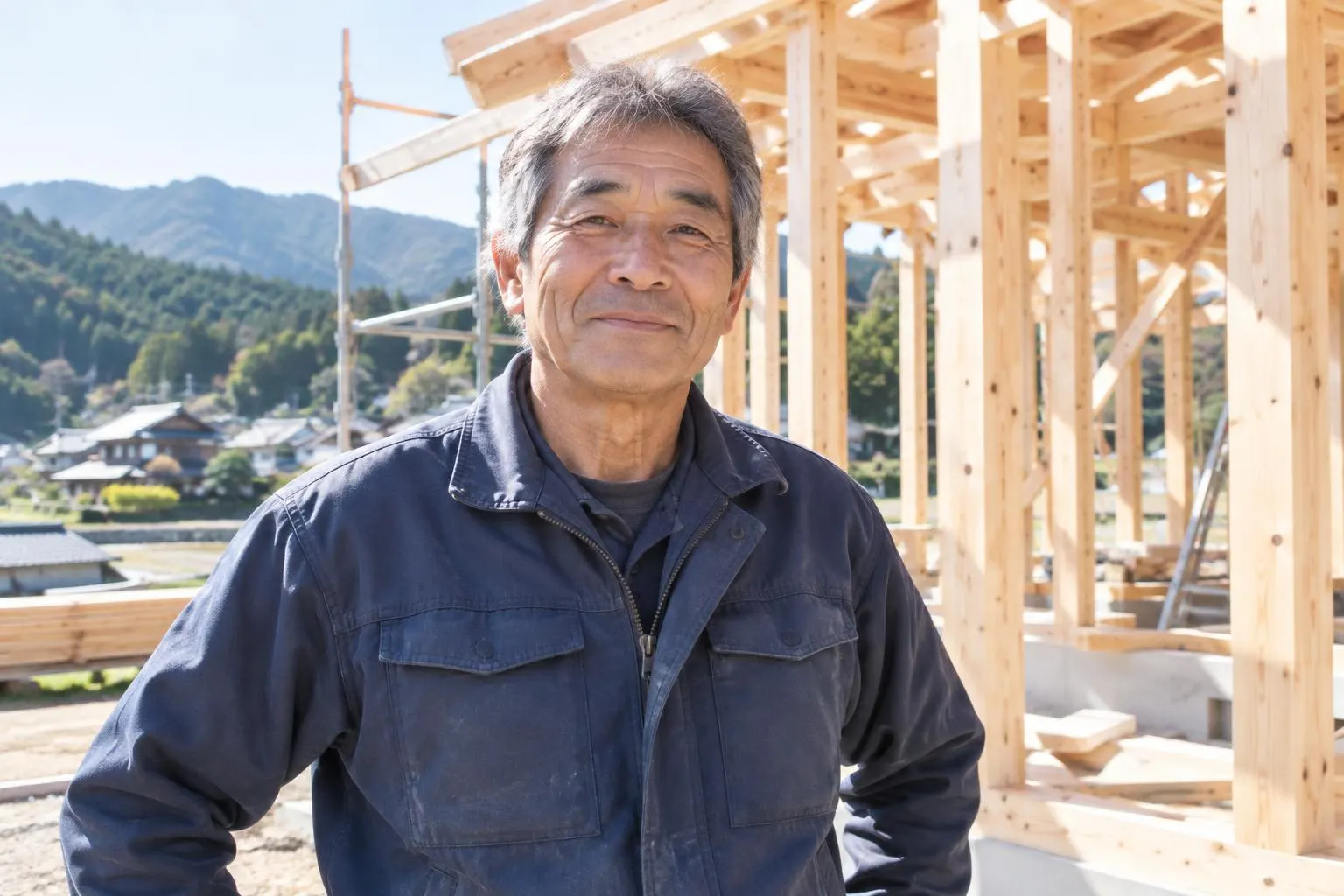建築中の家の前に立つ大工